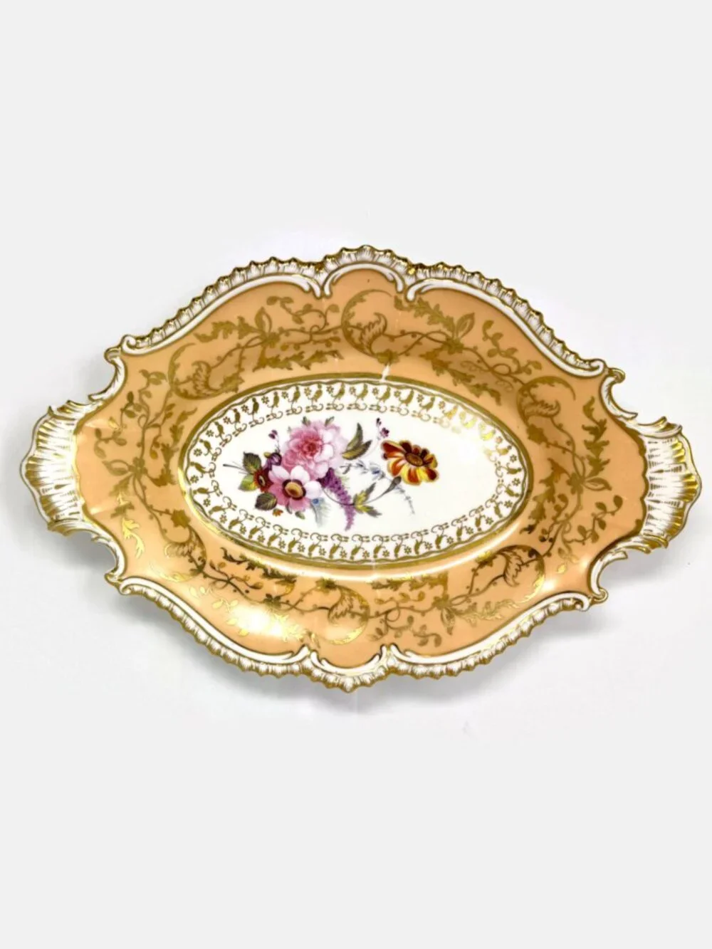 Antique Victorian Peach & Gold Porcelain Oval Serving Dish